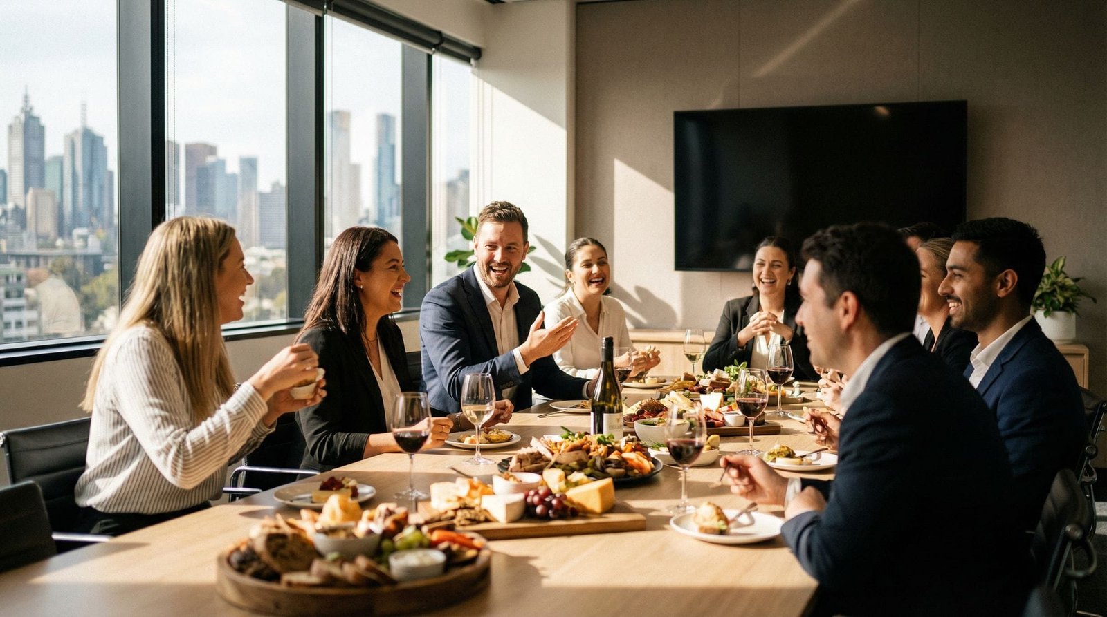 Group of professionals enjoying office catering in a Melbourne boardroom, corporate catering Richmond by HLB Catering